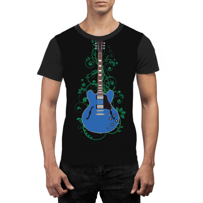 Blue Semihollow Electric Guitar Flowering Vines Graphic T-shirt | Artistshot