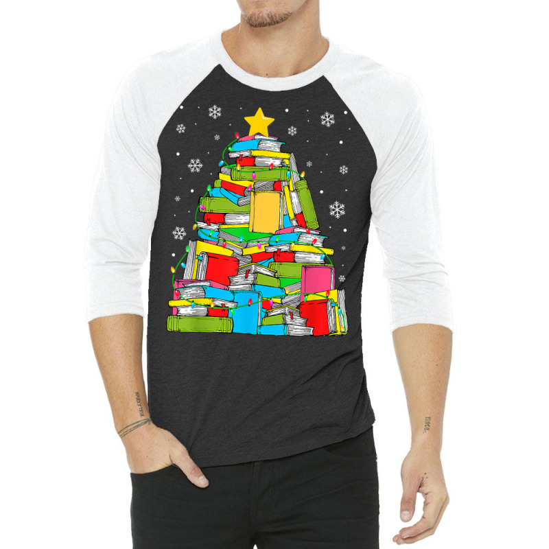 Library Christmas Tree Librarian X Mas Lights Book Lover T Shirt 3/4 Sleeve Shirt by kylrahal8pot | Artistshot