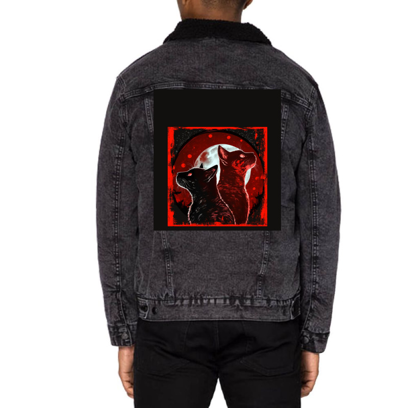 Red And Black Cats Howling At The Moon V2 Red No28   Collection   Cats Unisex Sherpa-Lined Denim Jacket by ninvemroweh3 | Artistshot