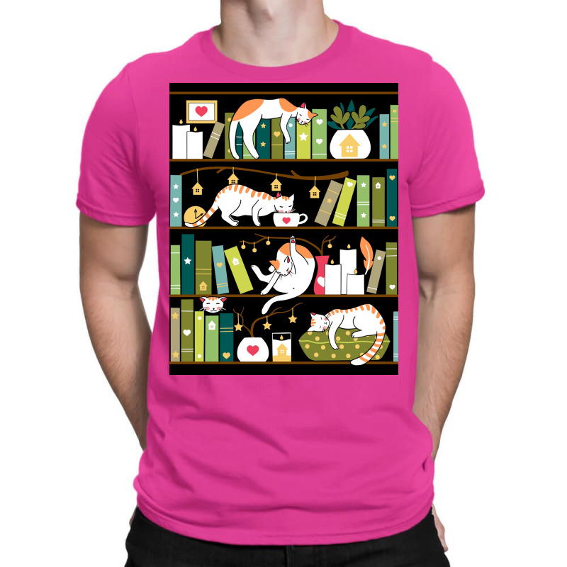 Library Cats Whimsical Cats On The Book Shelves Poster T-shirt | Artistshot