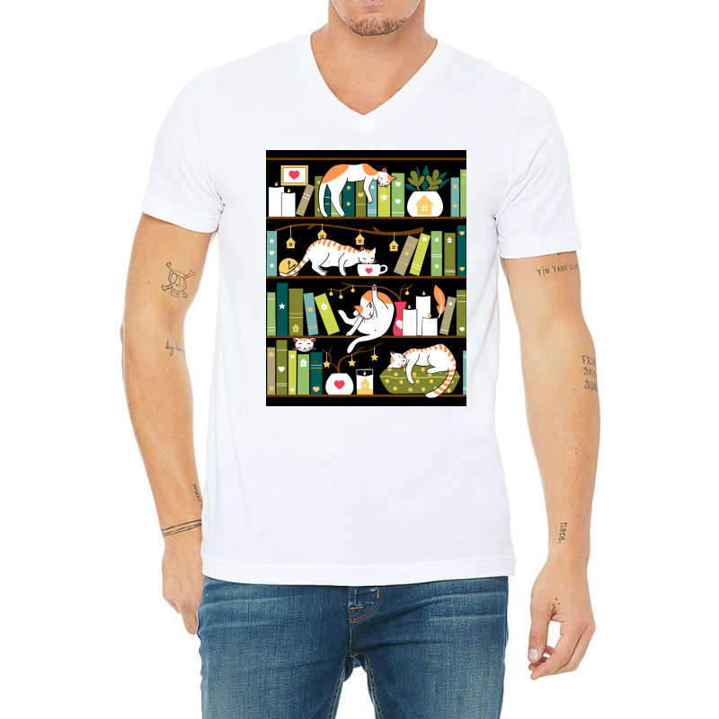 Library Cats Whimsical Cats On The Book Shelves Poster V-neck Tee | Artistshot