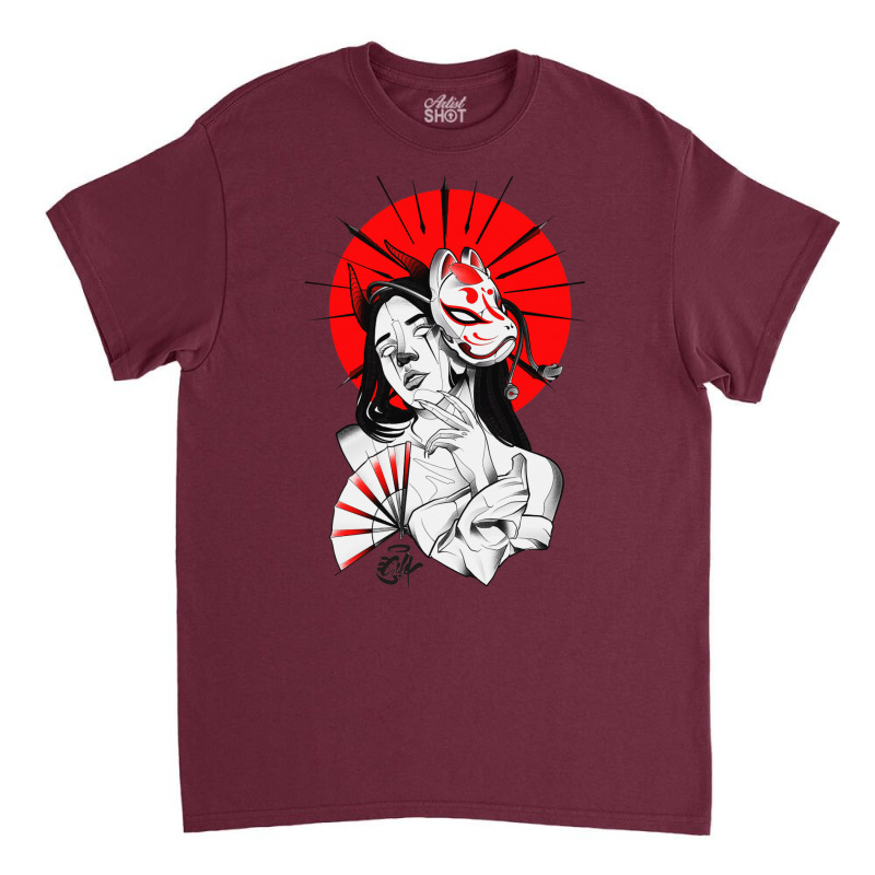 Japanese Geisha Samurai Fox Mask Red Sun Classic T-shirt | Artistshot