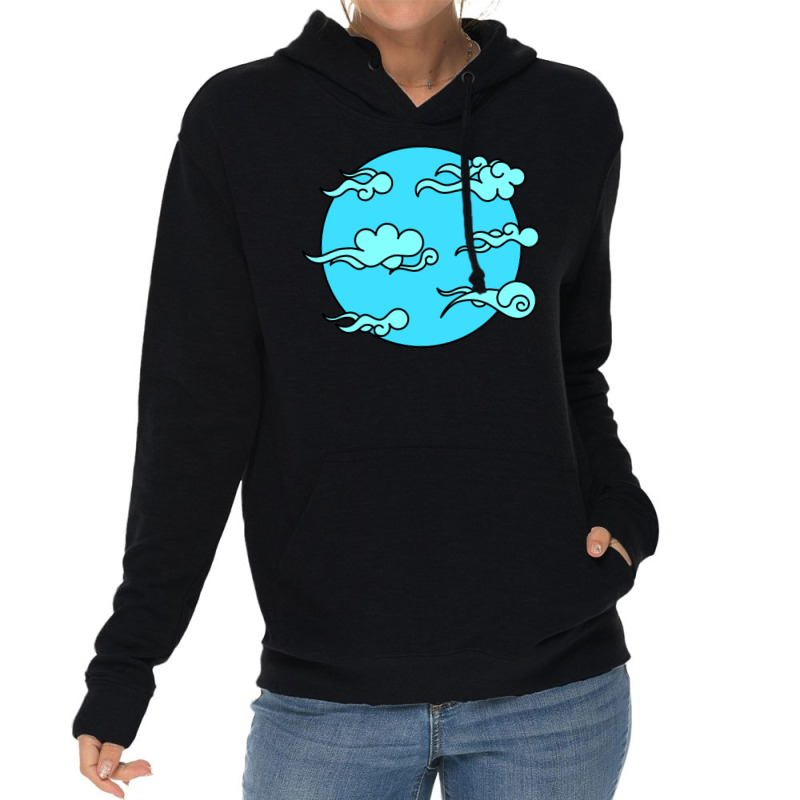 Japanese Wind Clouds Line Art Sky Blue Lightweight Hoodie | Artistshot