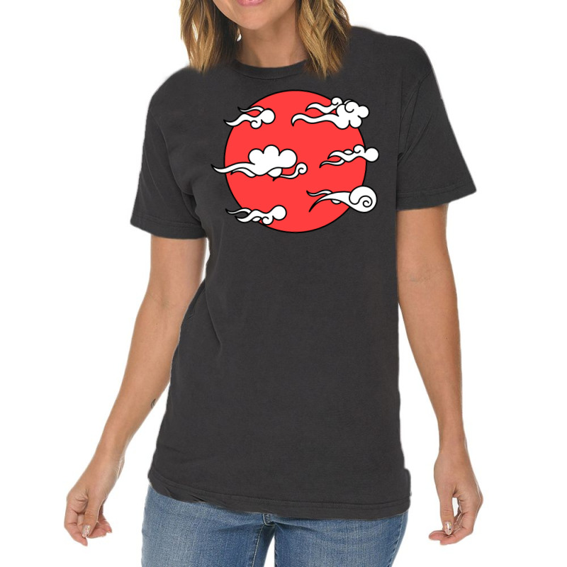 Japanese Wind Clouds Line Art With Red Sun And White Clouds Vintage T-shirt | Artistshot