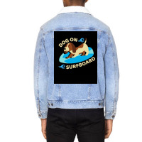 Happy Dog On Surfboard Wave Throw Pillow Tshirt Poster Humor Unisex Sherpa-lined Denim Jacket | Artistshot