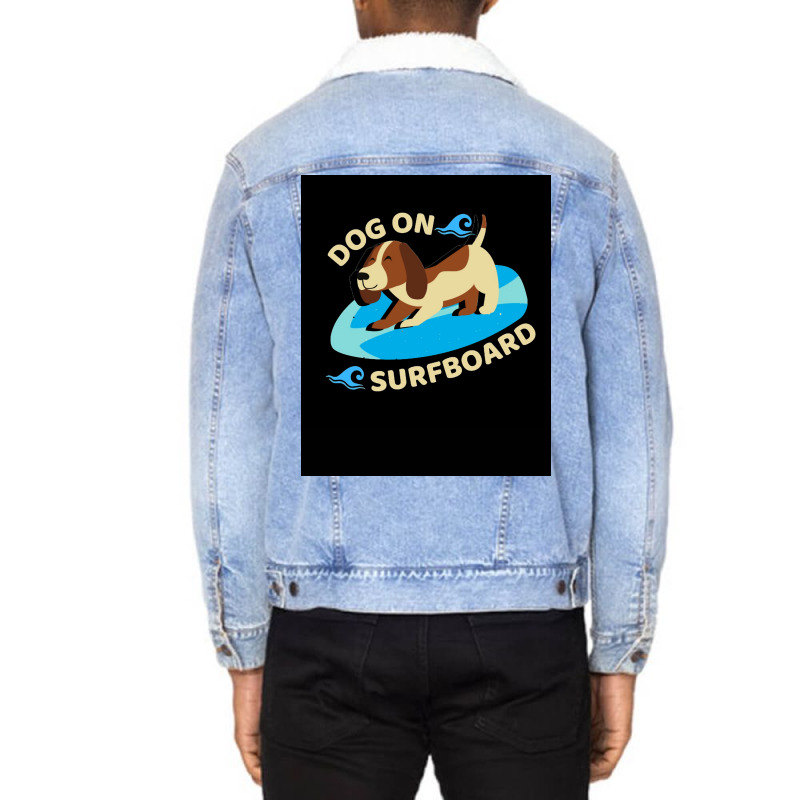 Happy Dog On Surfboard Wave Throw Pillow Tshirt Poster Humor Unisex Sherpa-lined Denim Jacket | Artistshot