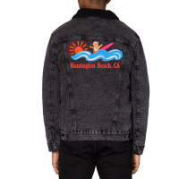 Huntington Beach, Ca   Original Retro Style Surf Beach Design Unisex Sherpa-lined Denim Jacket | Artistshot