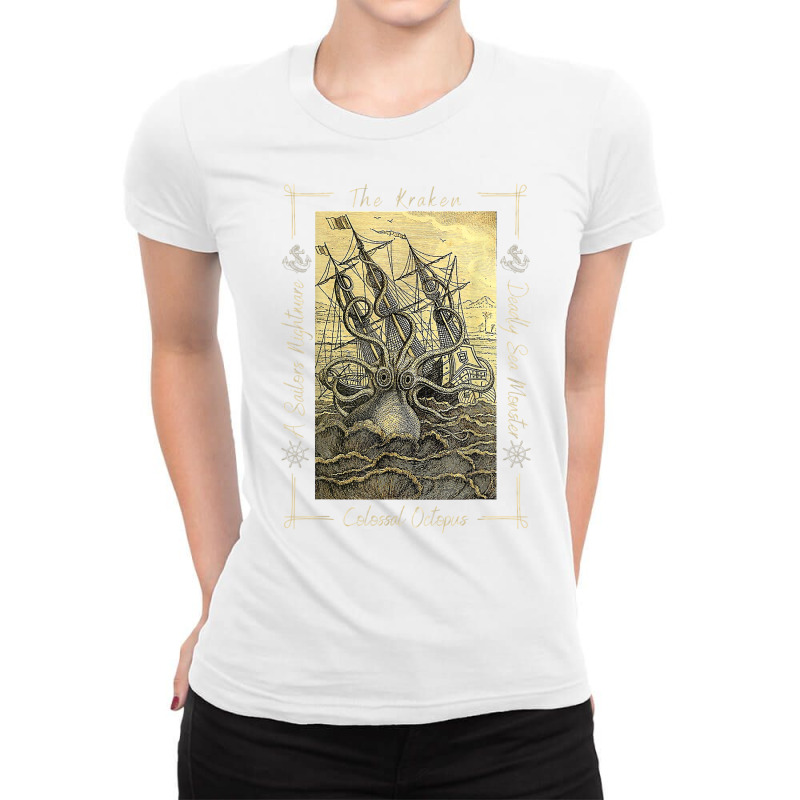 Giant Octopus Pirate Ship Vintage Kraken Sailing Squid T Shirt Ladies Fitted T-Shirt by tawny4okburd | Artistshot