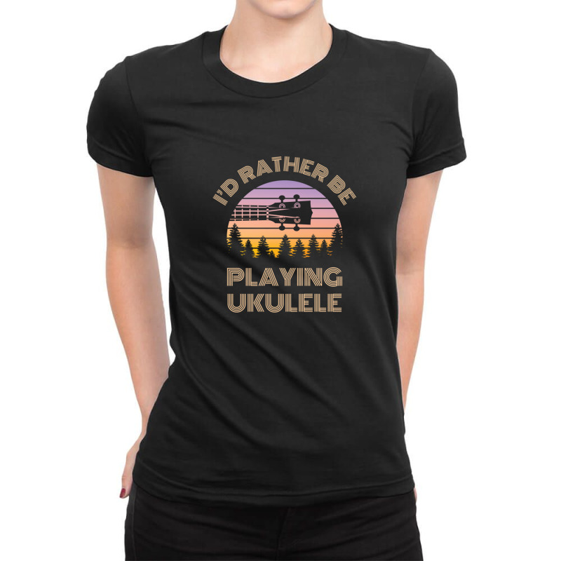 I'd Rather Be Playing Ukulele Ukulele Headstock Vintage Sunset Ladies Fitted T-Shirt by JamesBurges | Artistshot