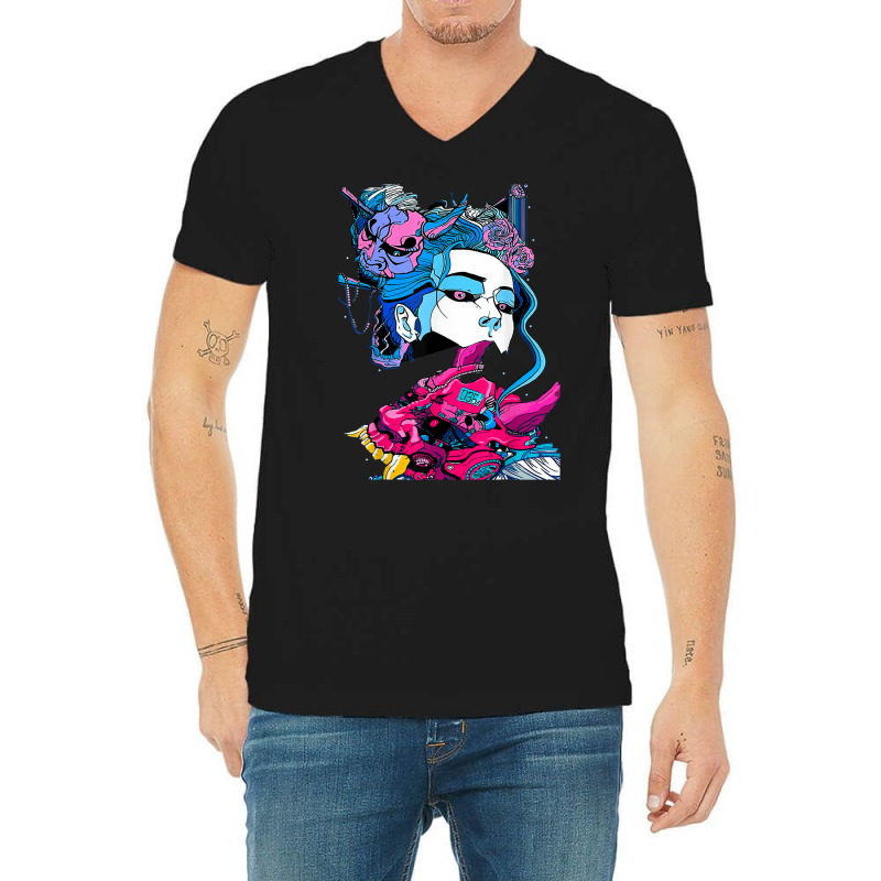 Cyberpunk Aesthetic Samurai Demons Mask Japanese Girl V-Neck Tee by mintoosaenanf | Artistshot