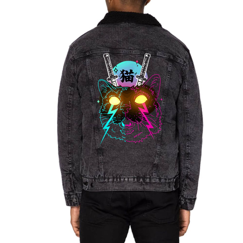 Cyberpunk Cat Kitten Japanese Retro Vaporwave Cats Unisex Sherpa-Lined Denim Jacket by mintoosaenanf | Artistshot