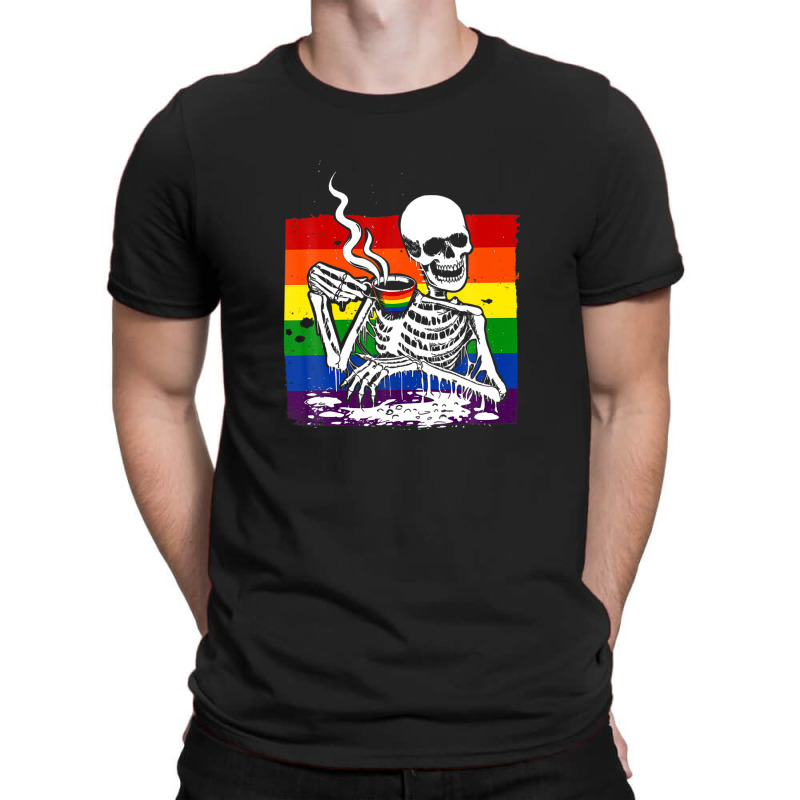 Skeleton Drinking Coffee Lgbtq Retro Gay Pride Flag T-shirt | Artistshot