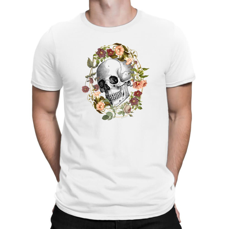 Vintage Flowers Black Skull Art By The Rebellious Gardener T-shirt | Artistshot