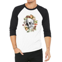 Vintage Flowers Black Skull Art By The Rebellious Gardener 3/4 Sleeve Shirt | Artistshot