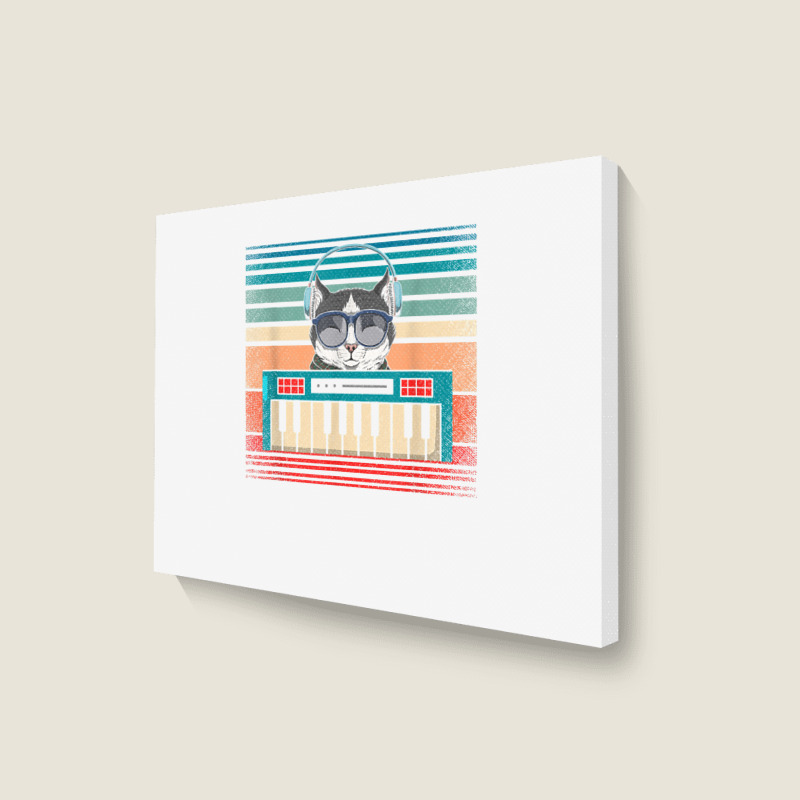 Retro Synthesizer Keyboard Music Producer Cat Lover T Shirt Landscape Canvas Print | Artistshot