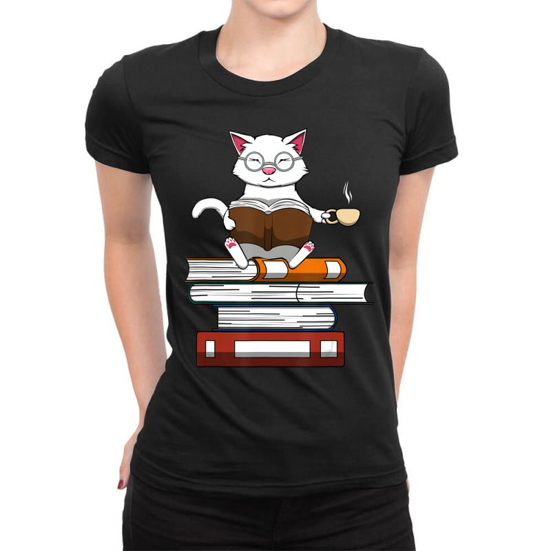 Trending Cat Kitty Reading Books Coffee Ladies Fitted T-Shirt by bummercaught | Artistshot