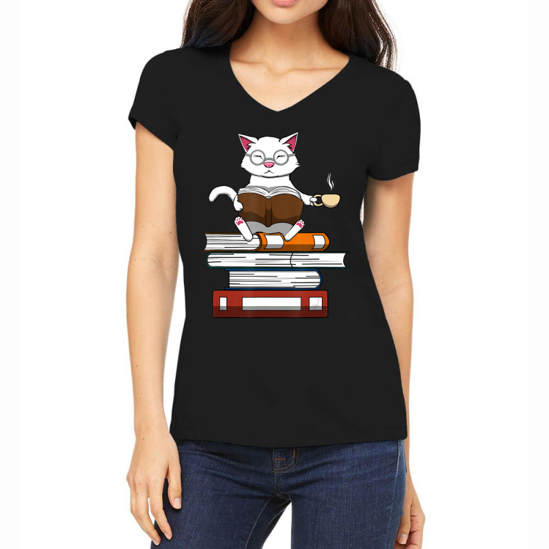 Trending Cat Kitty Reading Books Coffee Women's V-Neck T-Shirt by bummercaught | Artistshot