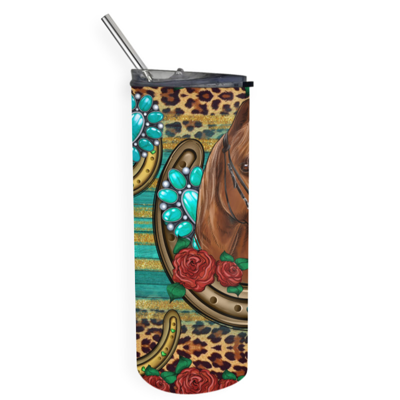 Western Horse Horseshoe Roses Gemstones Glitter Wooden Skinny Tumbler