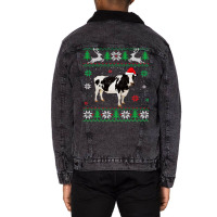 Cow Funny Cattle Ugly Sweater Christmas Dairy Cow Lover Santa Hat Anim Unisex Sherpa-lined Denim Jacket | Artistshot