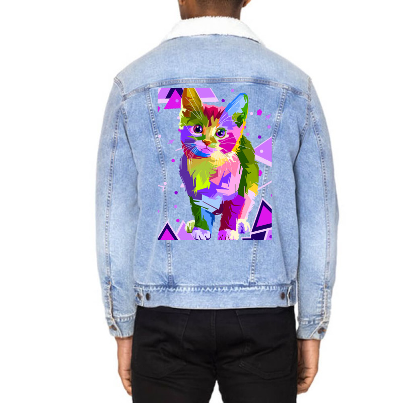 70s 80s Party Cat Psychedelic Colorful Retro Trippy Cat Classic  (1) Unisex Sherpa-Lined Denim Jacket by botitefinos | Artistshot