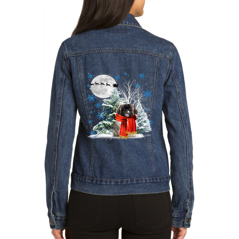 Pekingese Under Moonlight Snow Christmas Pajama 63 Ladies Denim Jacket by AURRADILLARD | Artistshot