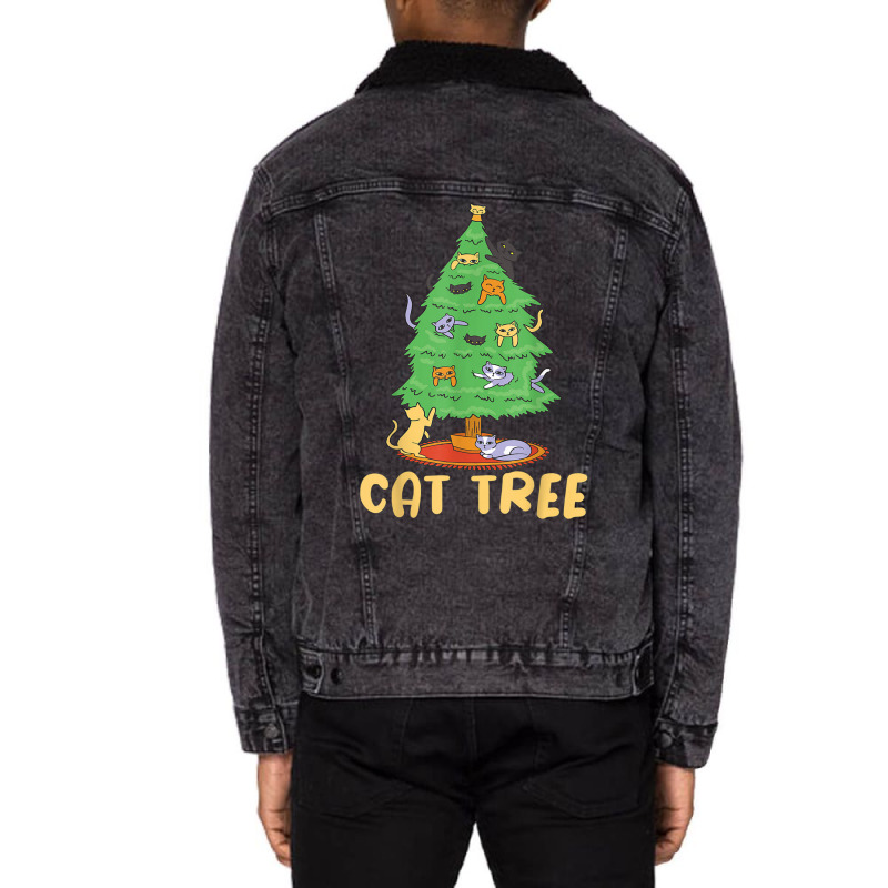 Cat Tree With Cats And Christmas Tree Unisex Sherpa-Lined Denim Jacket by Hugo M Garney | Artistshot