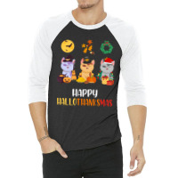 Kitten Cat Halloween Christmas Cats Happy Hallothanksmas Cat Swea 3/4 Sleeve Shirt | Artistshot