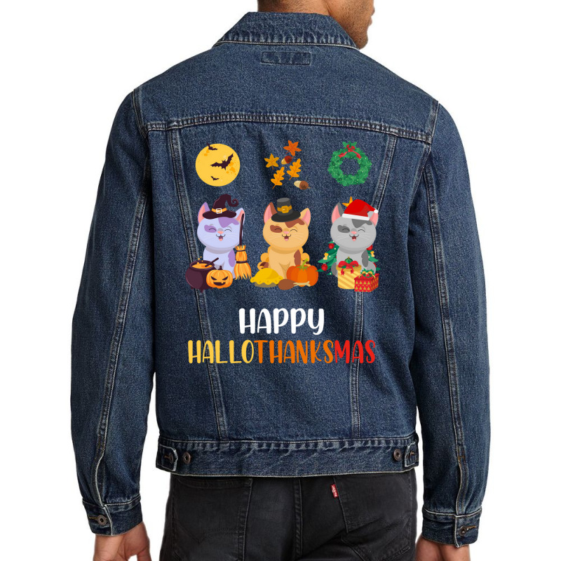 Kitten Cat Halloween Christmas Cats Happy Hallothanksmas Cat Swea Men Denim Jacket by Hugo M Garney | Artistshot