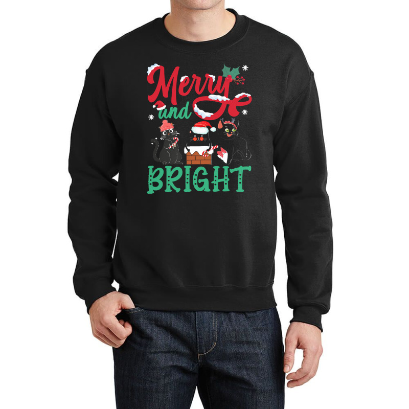 Merry And Bright Black Cat Christmas Merry And Bright Black Cat Christ Crewneck Sweatshirt by Hugo M Garney | Artistshot