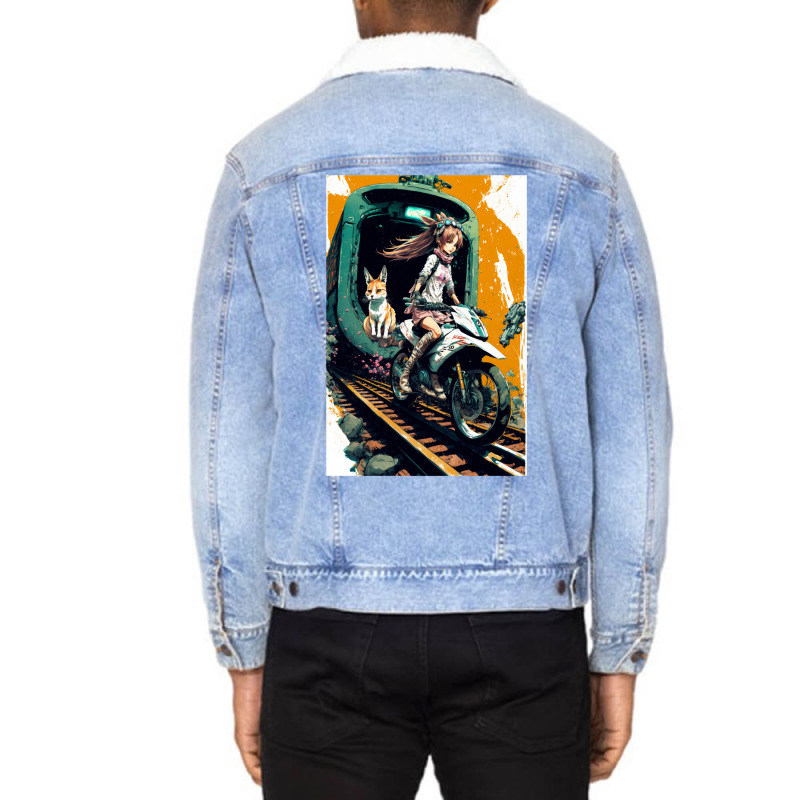 Japanese Anime Girl Riding A Bike On The Train Track Unisex Sherpa-Lined Denim Jacket by ilmursaifouz | Artistshot