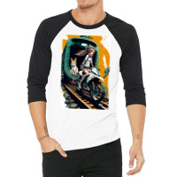 Japanese Anime Girl Riding A Bike On The Train Track 3/4 Sleeve Shirt | Artistshot