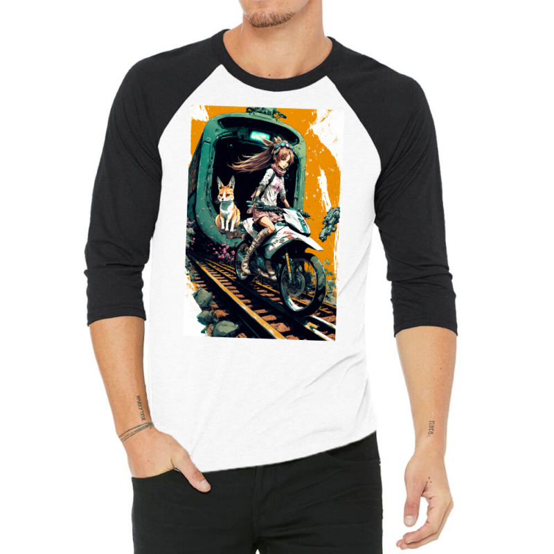 Japanese Anime Girl Riding A Bike On The Train Track 3/4 Sleeve Shirt by ilmursaifouz | Artistshot