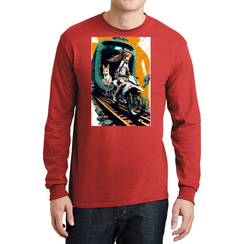 Japanese Anime Girl Riding A Bike On The Train Track Long Sleeve Shirts by ilmursaifouz | Artistshot