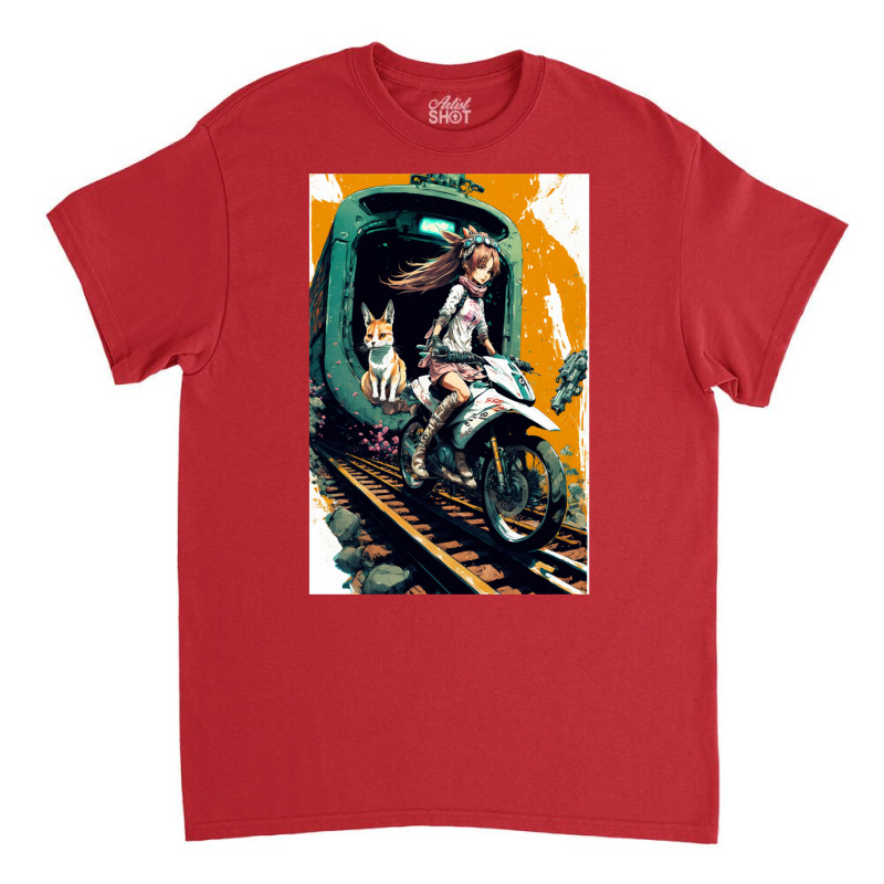 Japanese Anime Girl Riding A Bike On The Train Track Classic T-shirt by ilmursaifouz | Artistshot