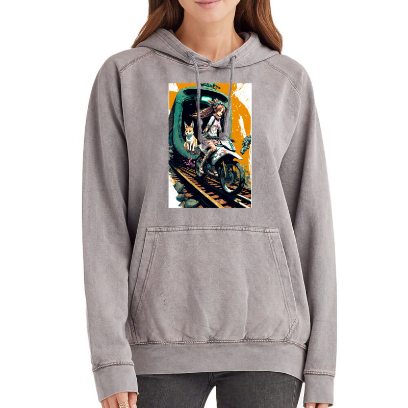 Japanese Anime Girl Riding A Bike On The Train Track Vintage Hoodie by ilmursaifouz | Artistshot