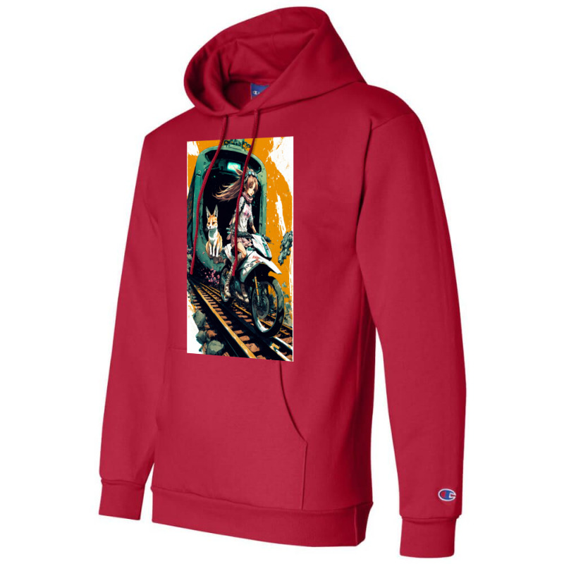 Japanese Anime Girl Riding A Bike On The Train Track Champion Hoodie by ilmursaifouz | Artistshot