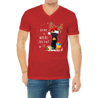 Black Cat Home Is Where The Cat Is Christmas Kitty Kitten V-neck Tee | Artistshot