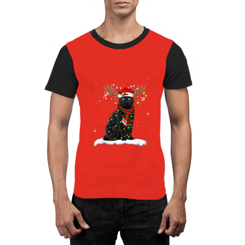 Black Cat Reindeer Christmas Light Shirt Cat Lover Christmas Graphic T-shirt | Artistshot