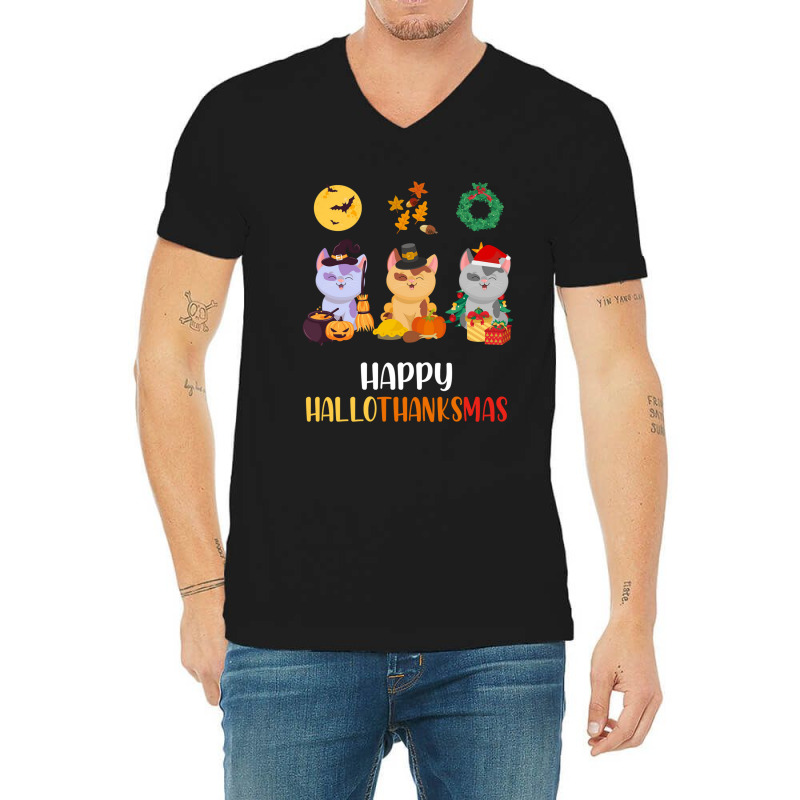 Kitten Cat Halloween Christmas Cats Happy Hallothanksmas Cat Swea V-neck Tee | Artistshot