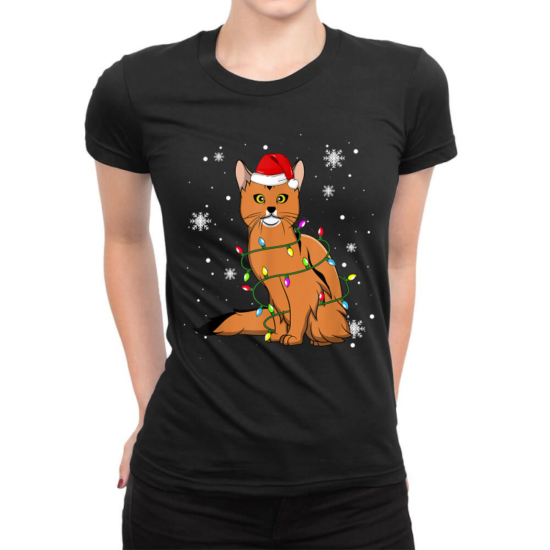 Somali Cat Christmas Lights Christmas Cat Santa Hat Ladies Fitted T-Shirt by fishd47 | Artistshot