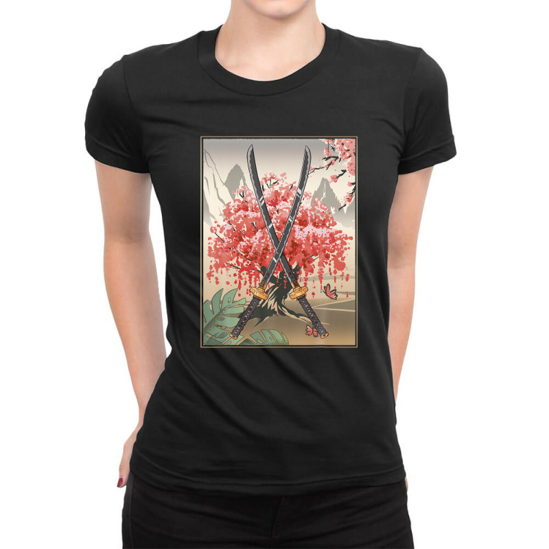 Ancient Japanese Culture Sakura Cherry Blossom Katana Sword Ladies Fitted T-Shirt by kaciacindz6 | Artistshot