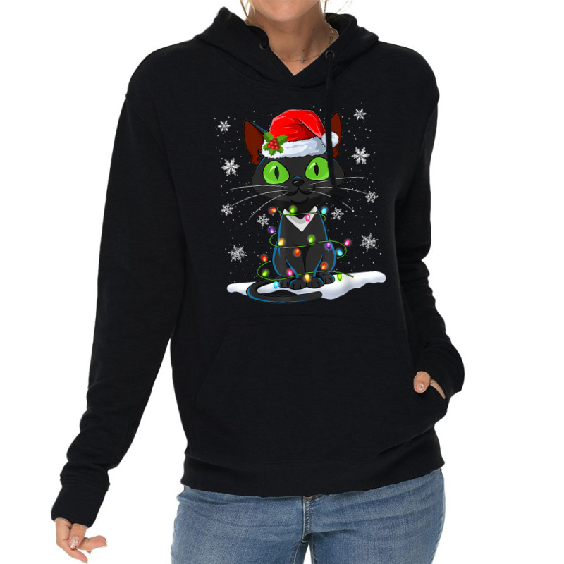 Santa Hat Cat Christmas Lights Funny Kitten Cat Lover Lightweight Hoodie | Artistshot