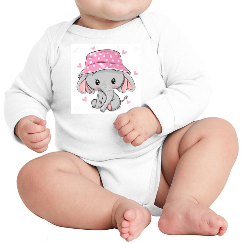 129328439 Cute Cartoon Elephant In A Pink Panama Hat Isolated On A Whi Long Sleeve Baby Bodysuit by Linda | Artistshot