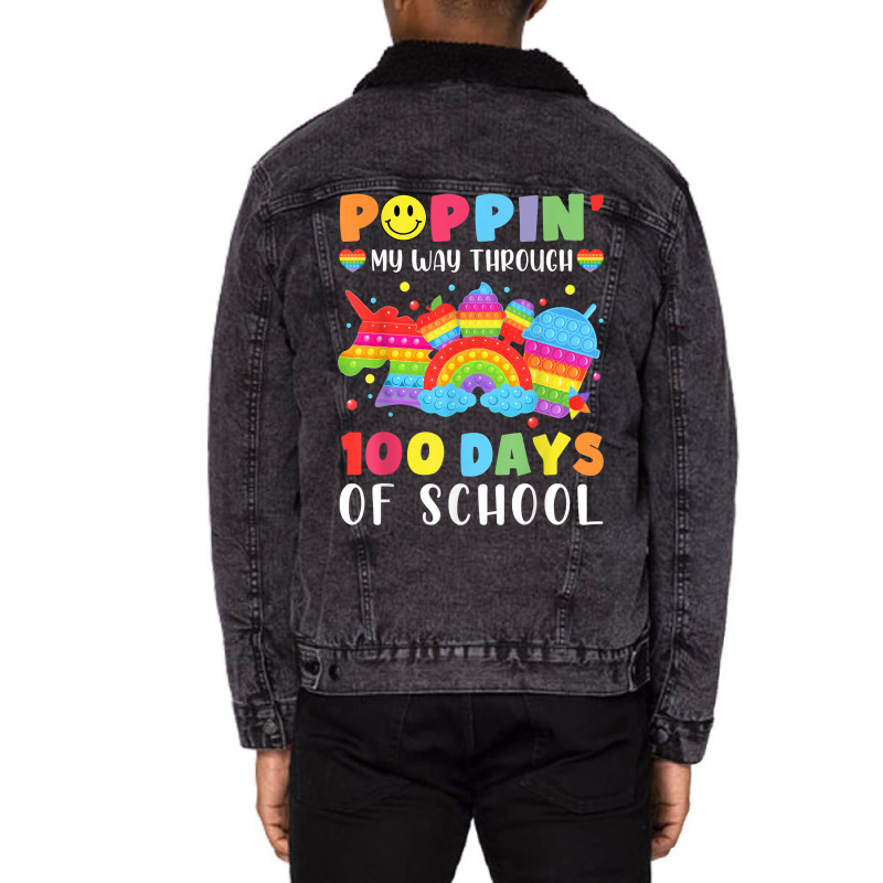 Happy 100 Days Of School Poppin My Way Through Teacher Kids T Shirt Unisex Sherpa-lined Denim Jacket | Artistshot