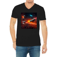 Epic Space Battle Painting Poster Chaotic Laser Fight V-neck Tee | Artistshot