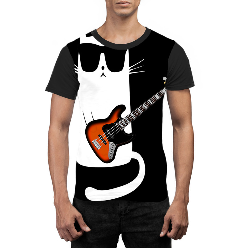 Funny Cat Wearing Sunglasses Playing Bass Guitar Graphic T-shirt by JamesArtists | Artistshot