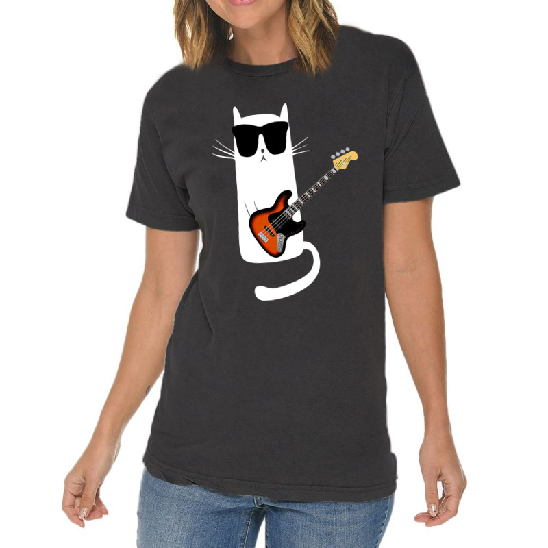 Funny Cat Wearing Sunglasses Playing Bass Guitar Vintage T-Shirt by JamesArtists | Artistshot