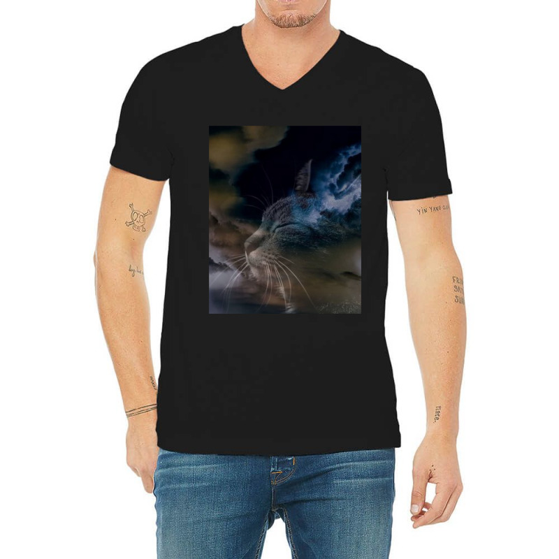 Cat Lightning Of A Cute Tabby Cat Amongst The Dark Clouds And Thunder  V-Neck Tee by CAMMIGRAHAM | Artistshot