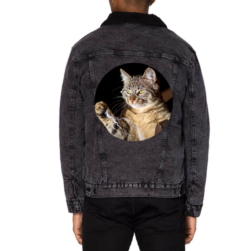 Cat Lightning Of A Cute Tabby Cat With White Lightning  Cat Art Gifts  Unisex Sherpa-Lined Denim Jacket by CAMMIGRAHAM | Artistshot