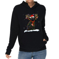 Black Cat Reindeer Christmas Light Shirt Cat Lover Christmas Lightweight Hoodie | Artistshot